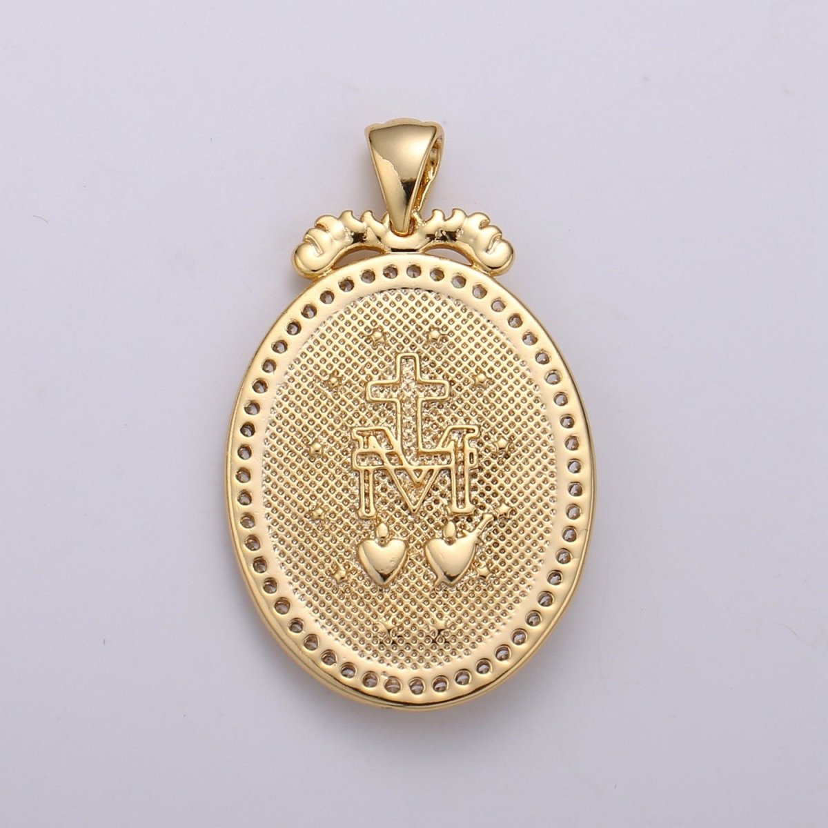 DEL- Gold Filled Holy Mary Lady of Guadalupe Gold Oval with Cubic Zircon Crystal Pendants J-120 - DLUXCA