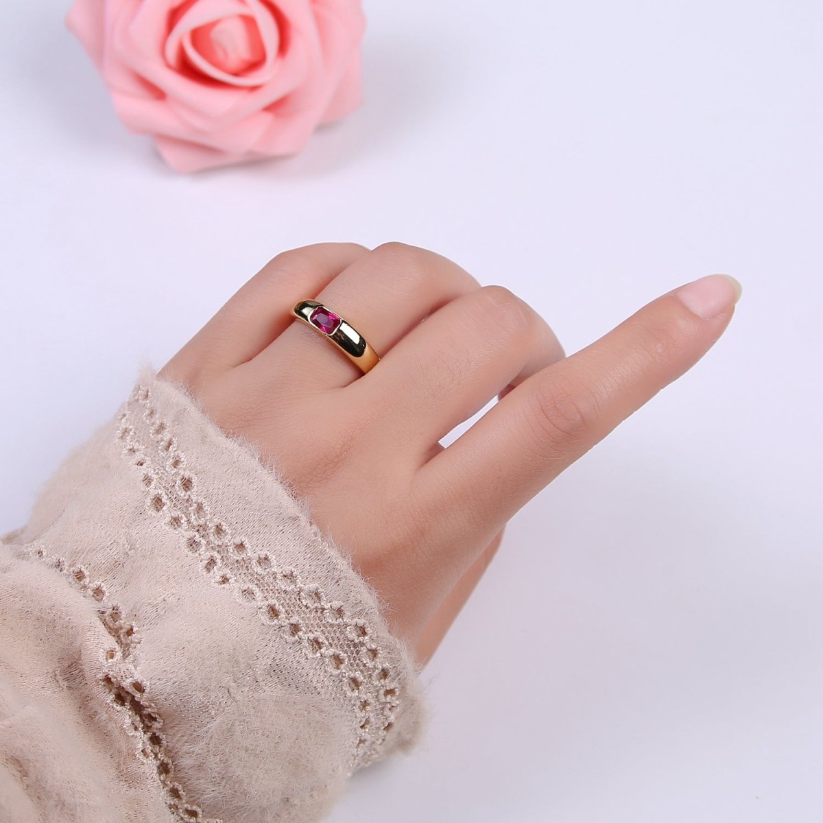 DEL-Minimalist 14k Gold Filled Ring With CZ Clear / Green / Pink Cz Stone Small Rectangle Open Adjustable U-316~U-318 - DLUXCA