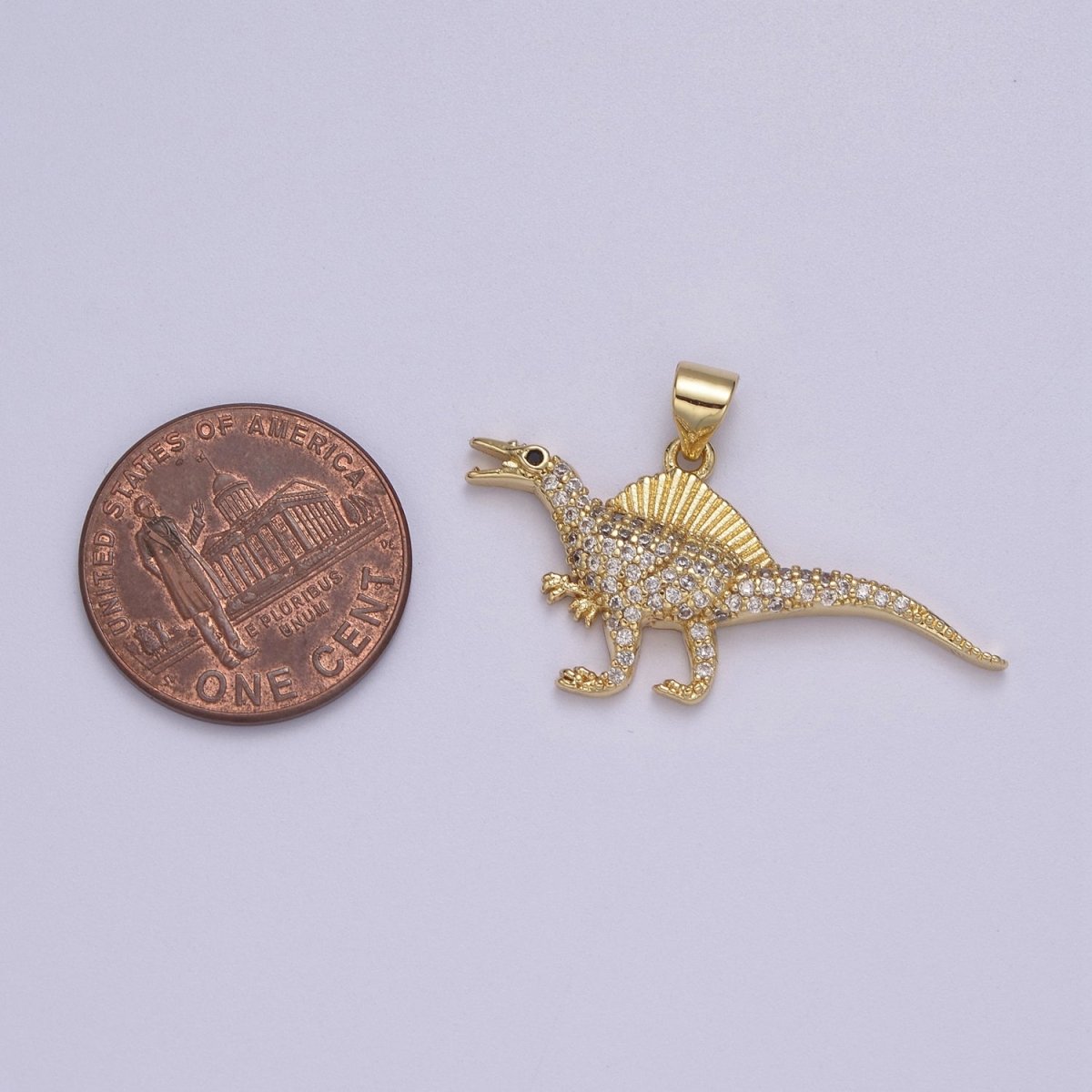 Dinosaur Pendants in Gold, Spinosaurus Charm Dino Jewelry in Clear Cubic Zirconia J-334 - DLUXCA