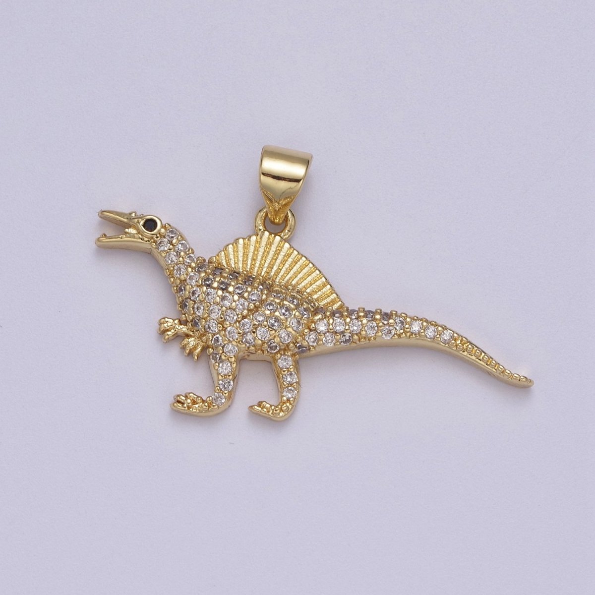 Dinosaur Pendants in Gold, Spinosaurus Charm Dino Jewelry in Clear Cubic Zirconia J-334 - DLUXCA