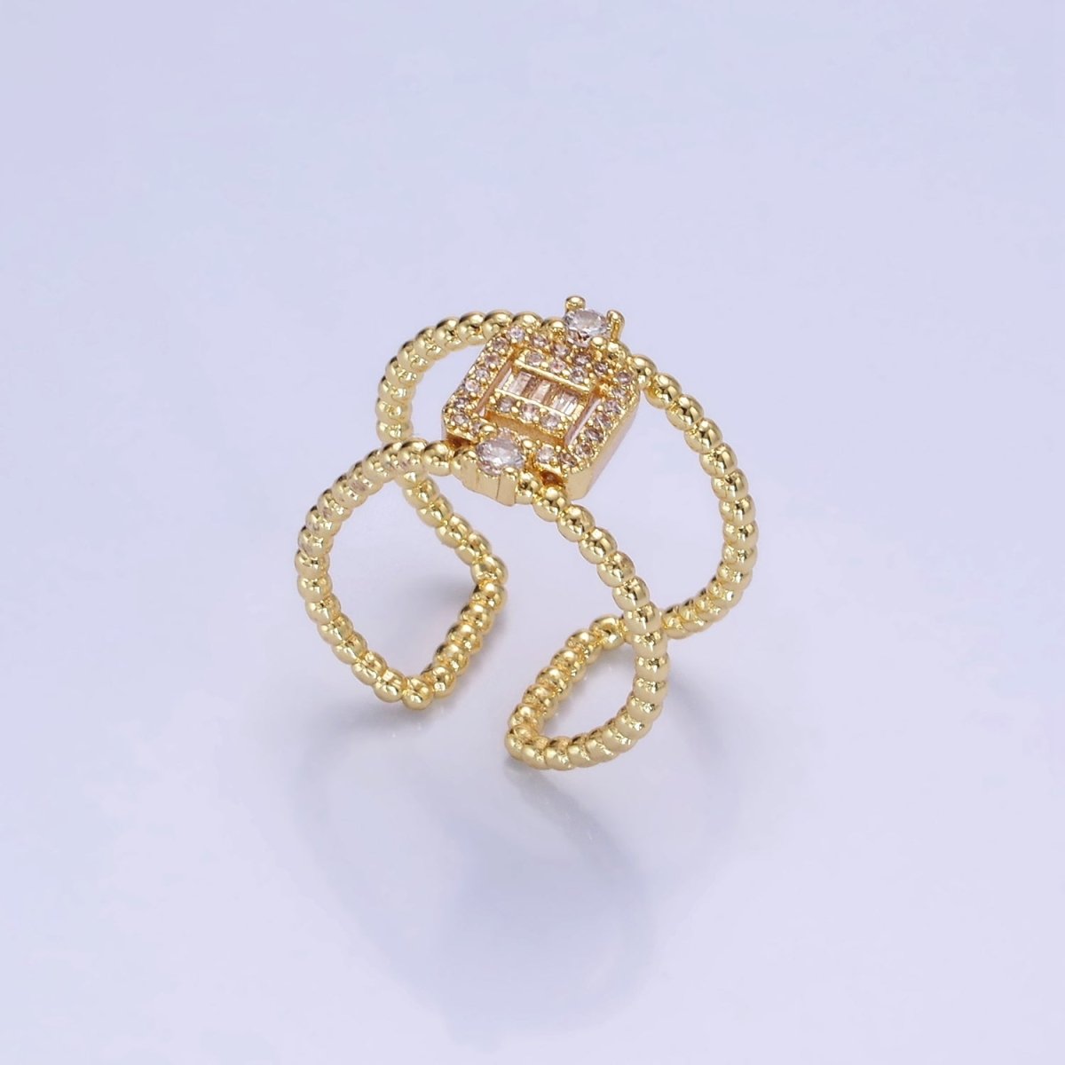 DLUXCA 14K Gold Filled CZ Baguette Micro Paved Beaded Bubble Double Band Ring | O1318 - DLUXCA