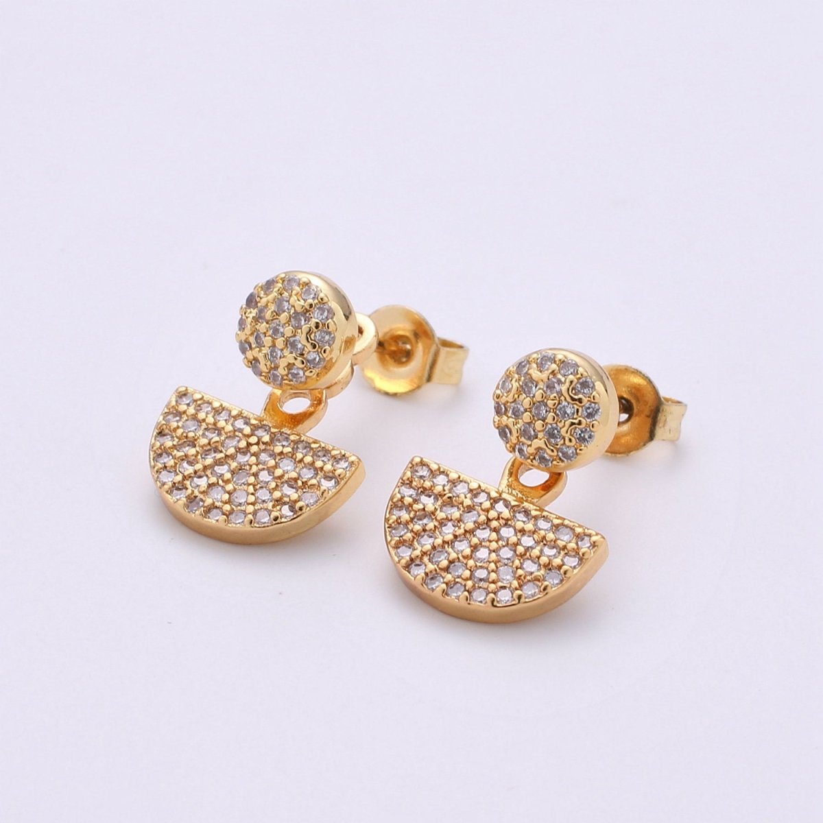 Dot and Fan Earrings, Gold Stud Earring 24K Gold Filled Post Earrings, Colorful Micro Pave Gold Dot and Fan Earrings, Tiny Gold StudS Q-268 - Q-270 - DLUXCA