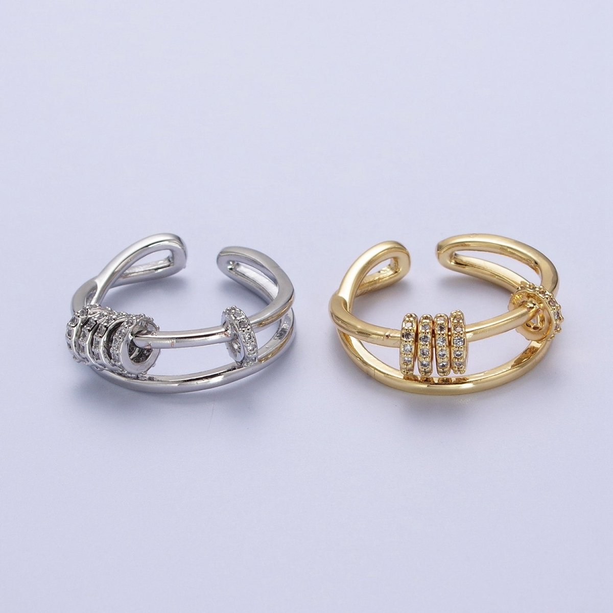 Double Band Articulated Micro Paved CZ Spacer Bead Ring in Gold & Silver | Y-557 Y-558 - DLUXCA