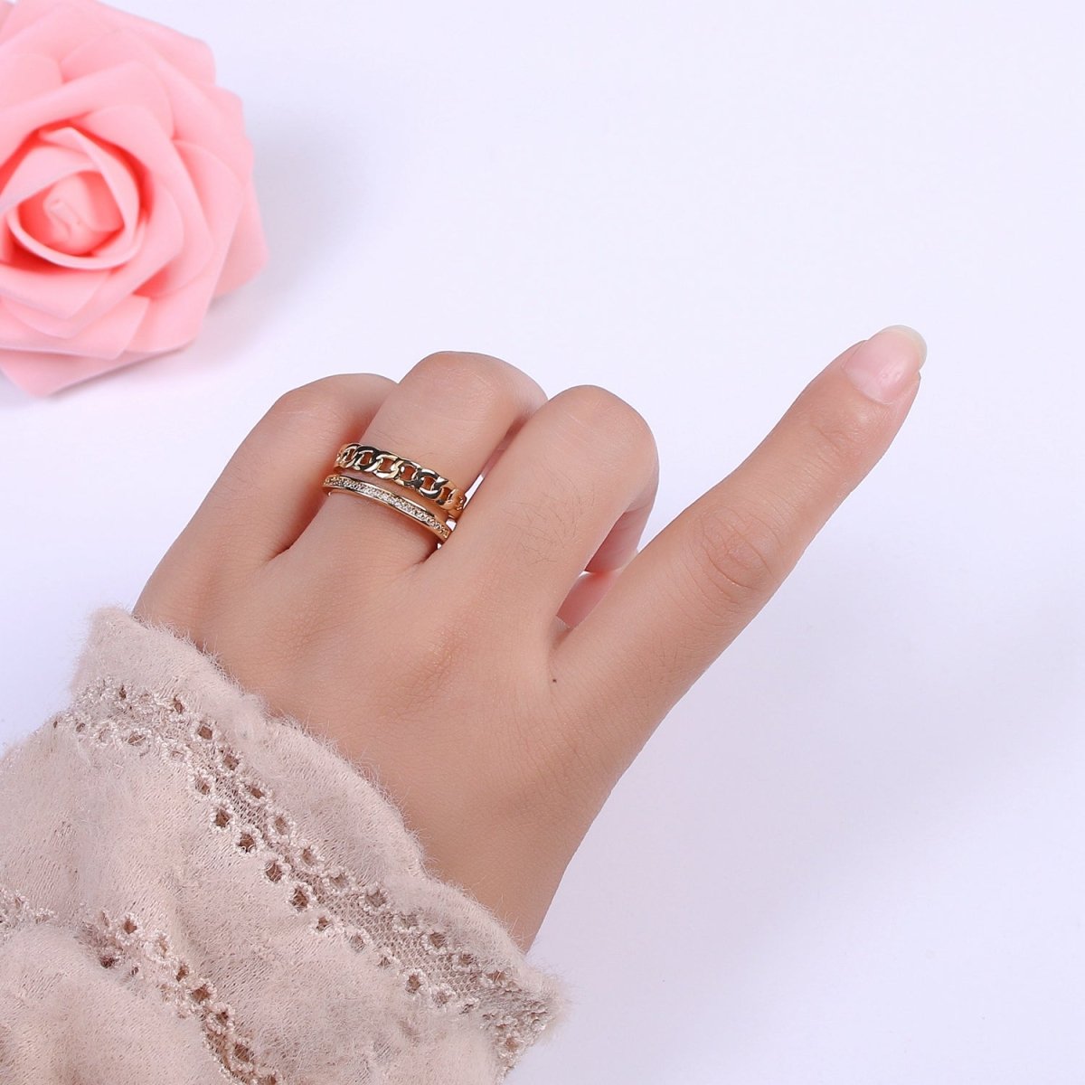 Double Band Chain Ring Design Gold Stackable Modern Minimalist Trending Ring Accessory U-129 - DLUXCA