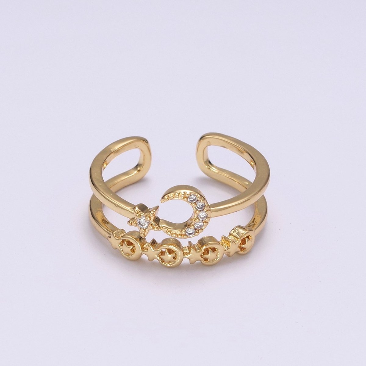 Double Band Crescent Moon Star Ring for Stackable Jewelry Open Adjustable Ring U-211 - DLUXCA
