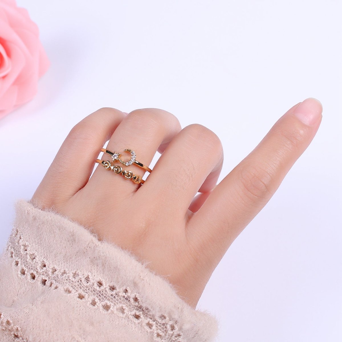 Double Band Crescent Moon Star Ring for Stackable Jewelry Open Adjustable Ring U-211 - DLUXCA