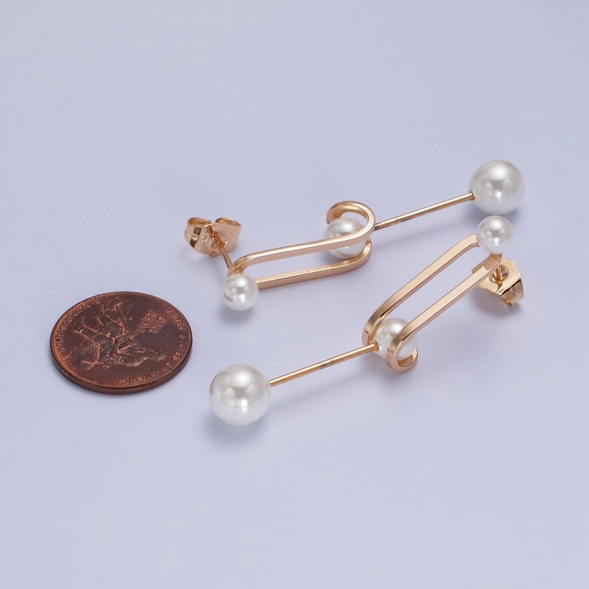 Double Band J-Shaped Geometric Pearl Dangle Earrings | AB285 - DLUXCA