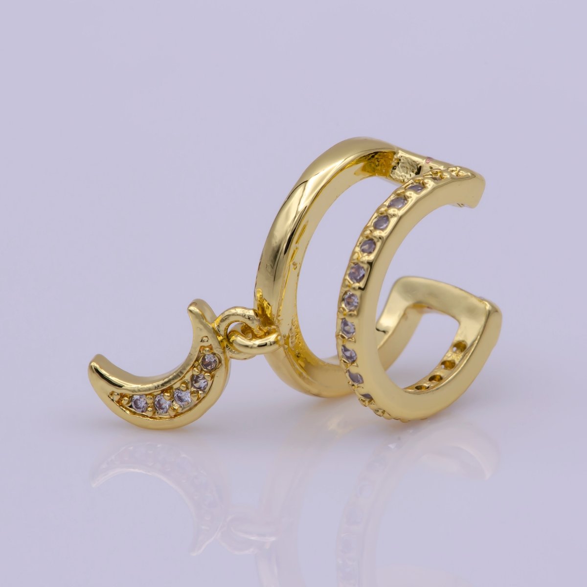 Double Band Micro Paved CZ Celestial Moon Dangle Charm Gold Filled Cartilage Ear Cuff Earrings | Leo-543 - DLUXCA
