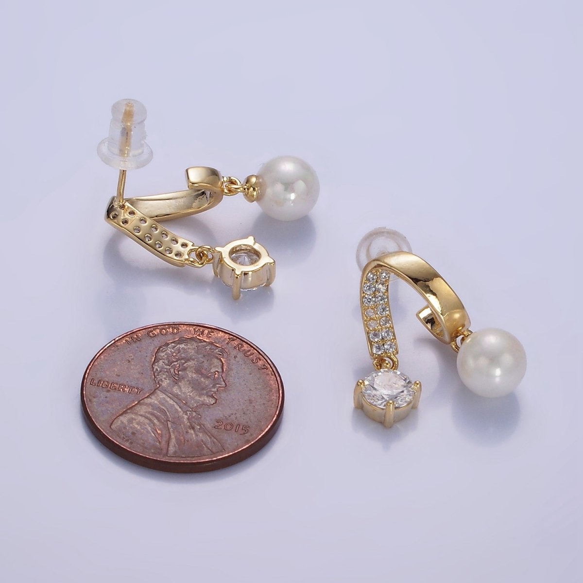 Double Band Micro Paved CZ Pearl Drop Stud Earrings in Gold & Silver | AE488 AE489 - DLUXCA