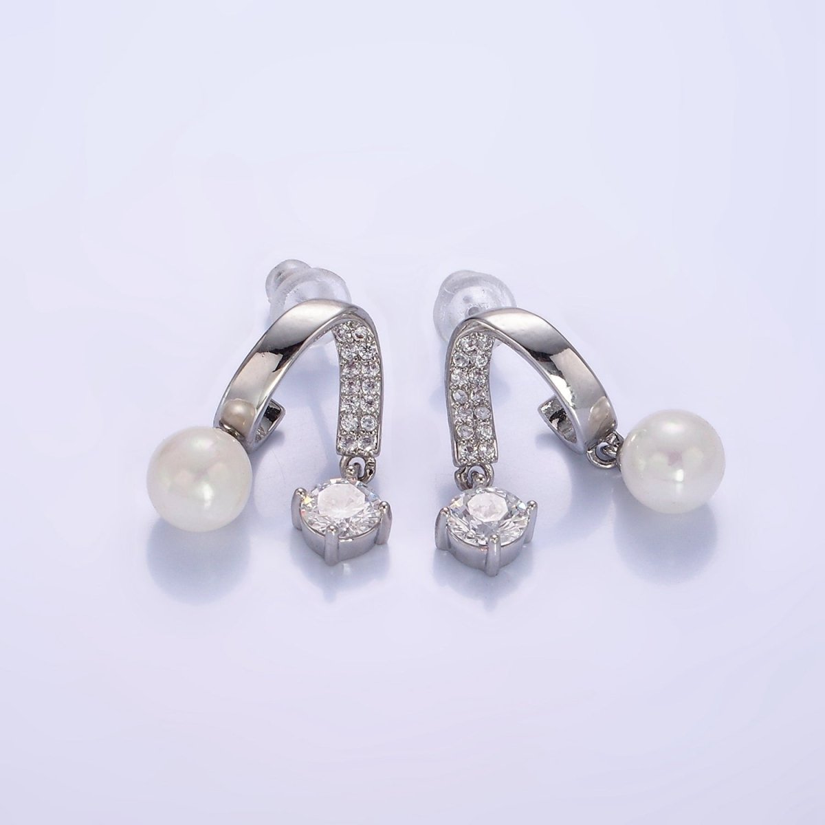 Double Band Micro Paved CZ Pearl Drop Stud Earrings in Gold & Silver | AE488 AE489 - DLUXCA