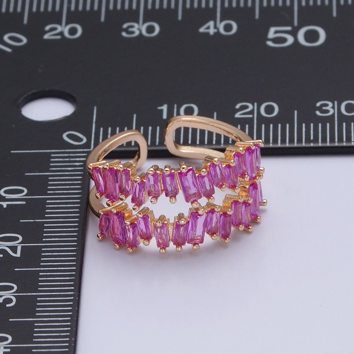 Double Band Pink Baguette Ring Open Adjustable Ring O-2251 - DLUXCA