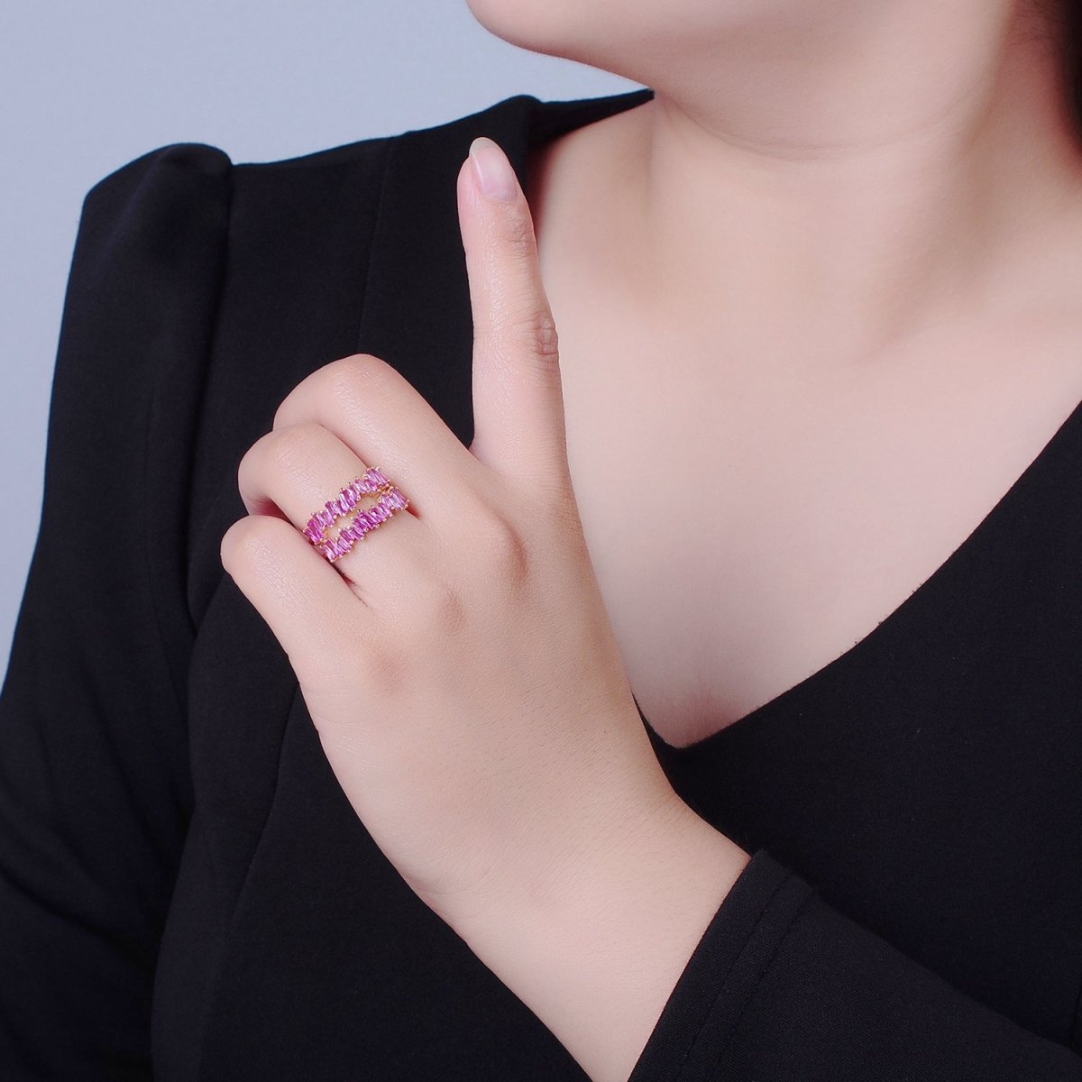 Double Band Pink Baguette Ring Open Adjustable Ring O-2251 - DLUXCA
