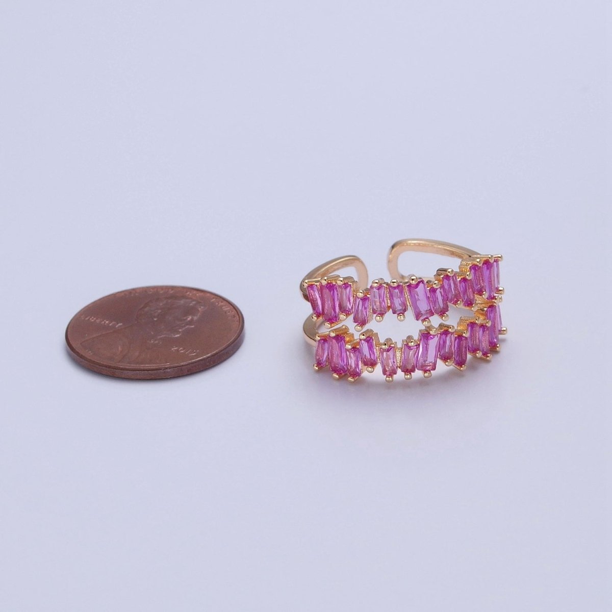 Double Band Pink Baguette Ring Open Adjustable Ring O-2251 - DLUXCA