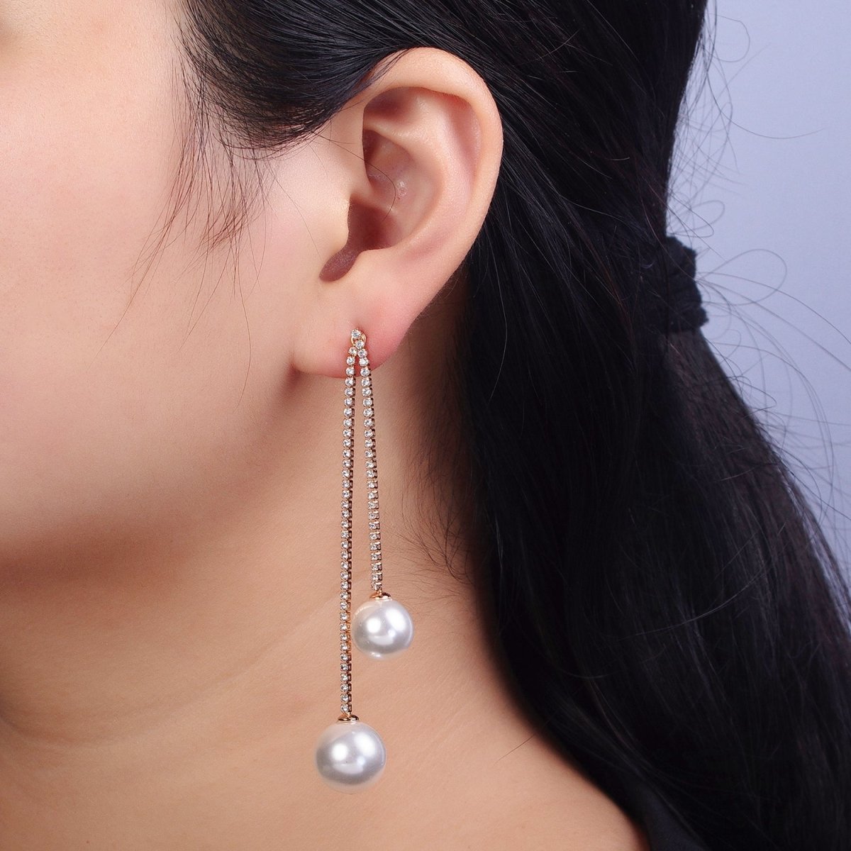 Double Clear CZ Tennis Lined Round Pearl Drop Dangle Stud Earrings | AB127 - DLUXCA