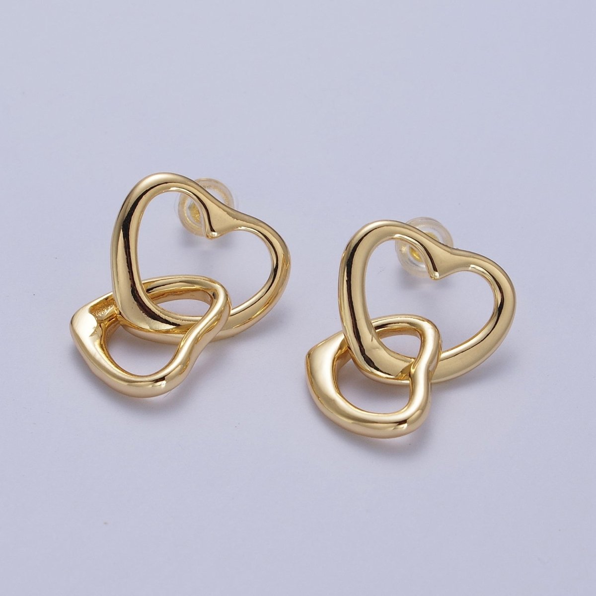 Double Gold Valentine Hearts Stud Drop Earrings | Y-149 - DLUXCA