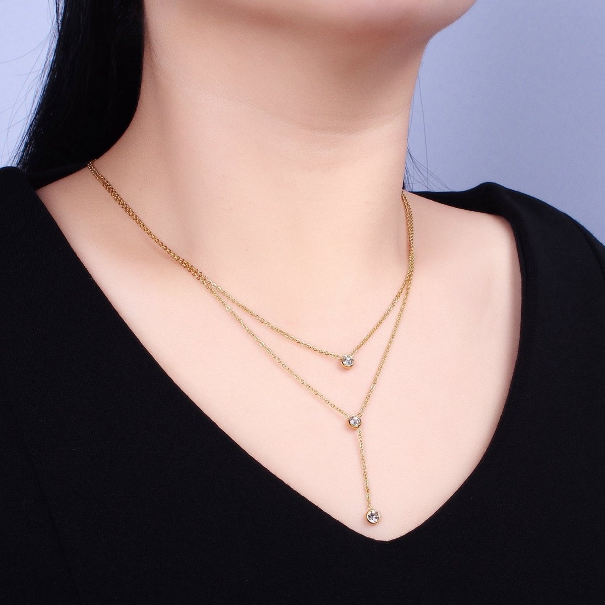 Double Layer Lariat Chain Necklace In Stainless Steel 24K Gold with CZ Stone | WA-1715 WA-1716 Clearance Pricing - DLUXCA