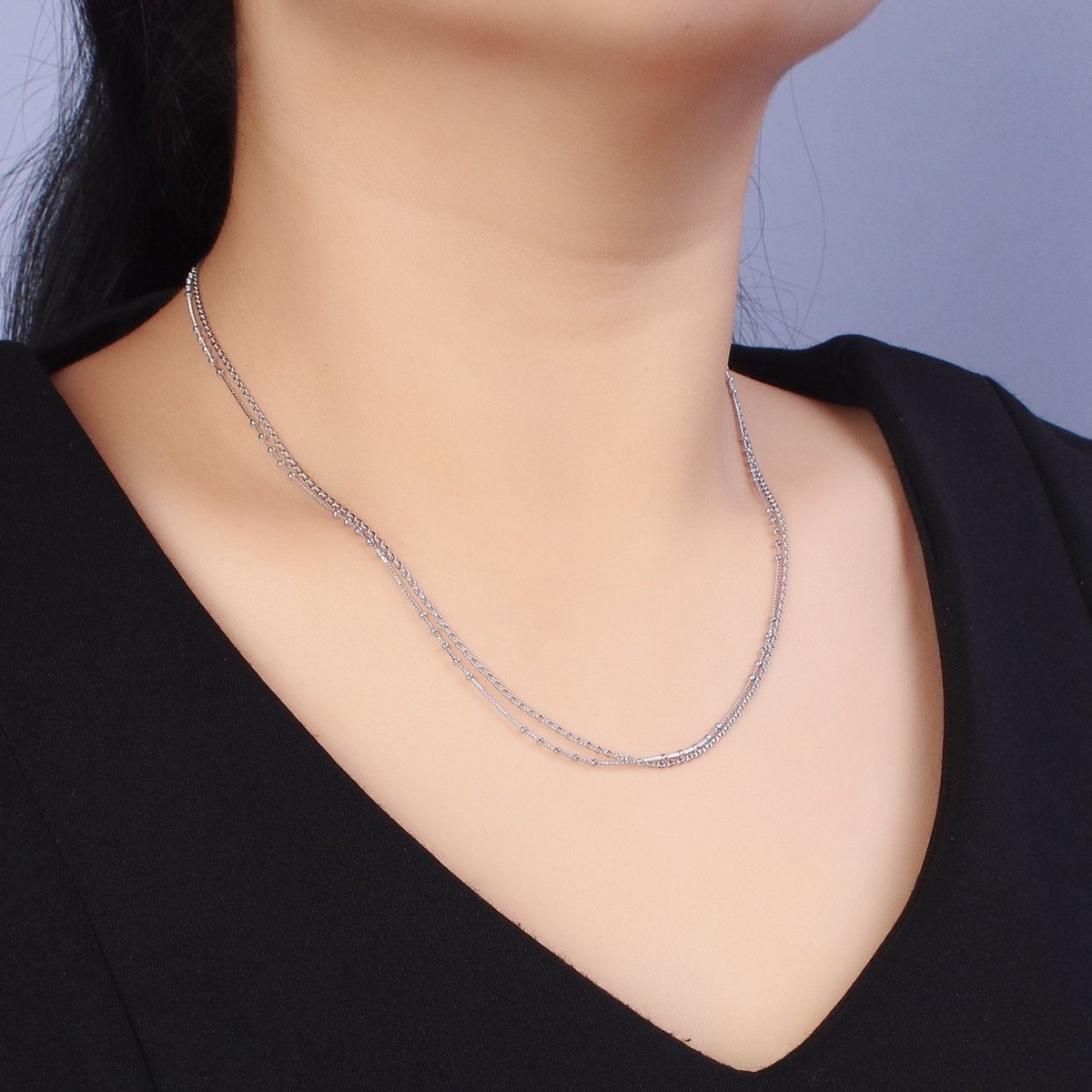 Double Layer Silver Necklace Set Two Strand Chain Multi Strand Necklace Satellite Chain and Cable Link Chain Necklace For Minimalist | WA-1606 Clearance Pricing - DLUXCA