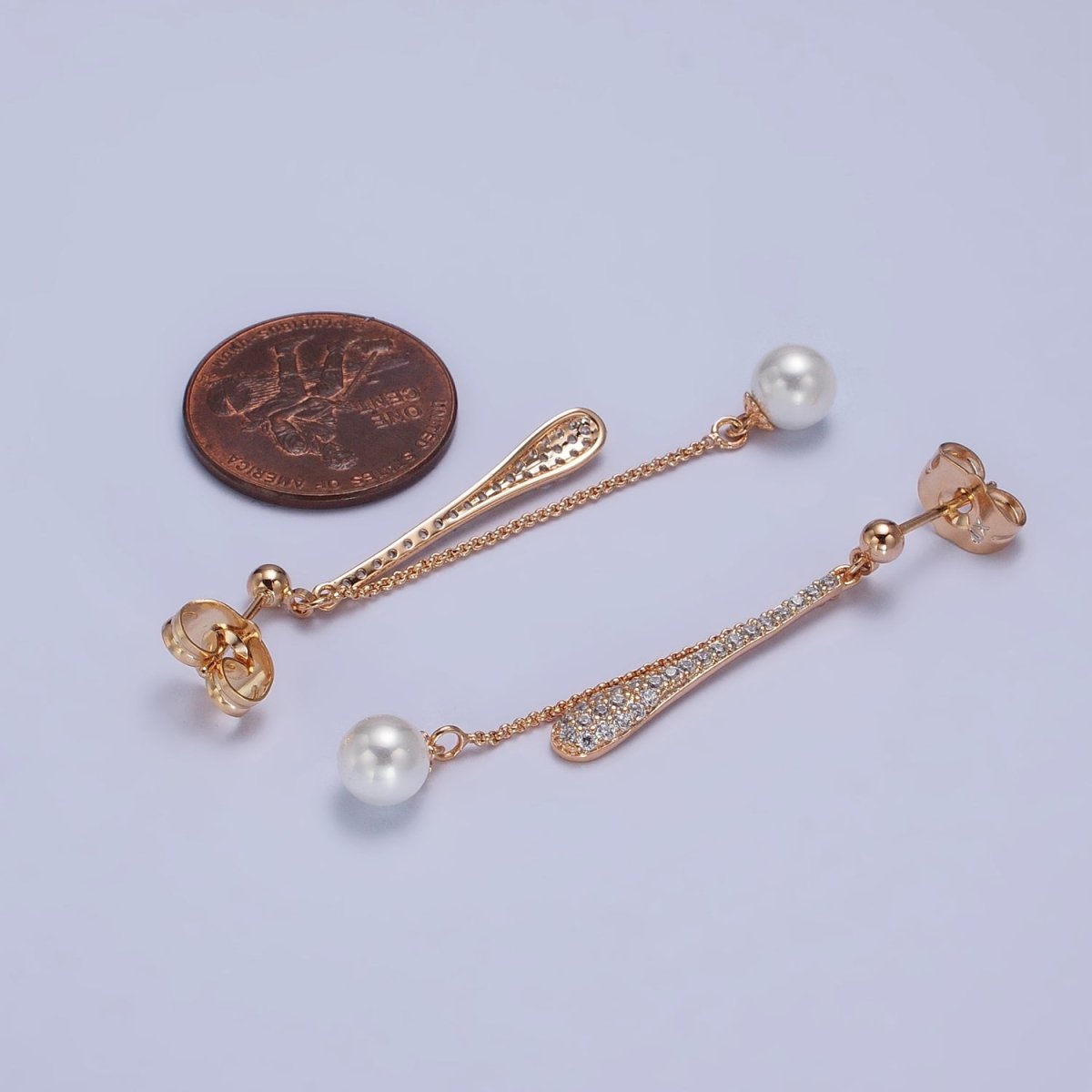 Double Linear Drop Clear Micro Paved Cable Chain Pearl Dangle Stud Earrings | AB288 - DLUXCA