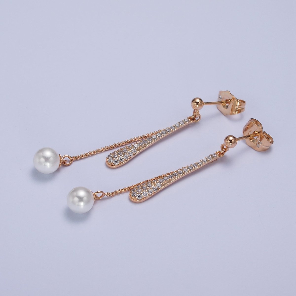 Double Linear Drop Clear Micro Paved Cable Chain Pearl Dangle Stud Earrings | AB288 - DLUXCA