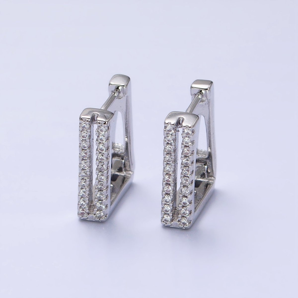 Double Micro Paved CZ Lined Rectangular Square Hoop Earrings in Gold & Silver | AB476 AB486 - DLUXCA