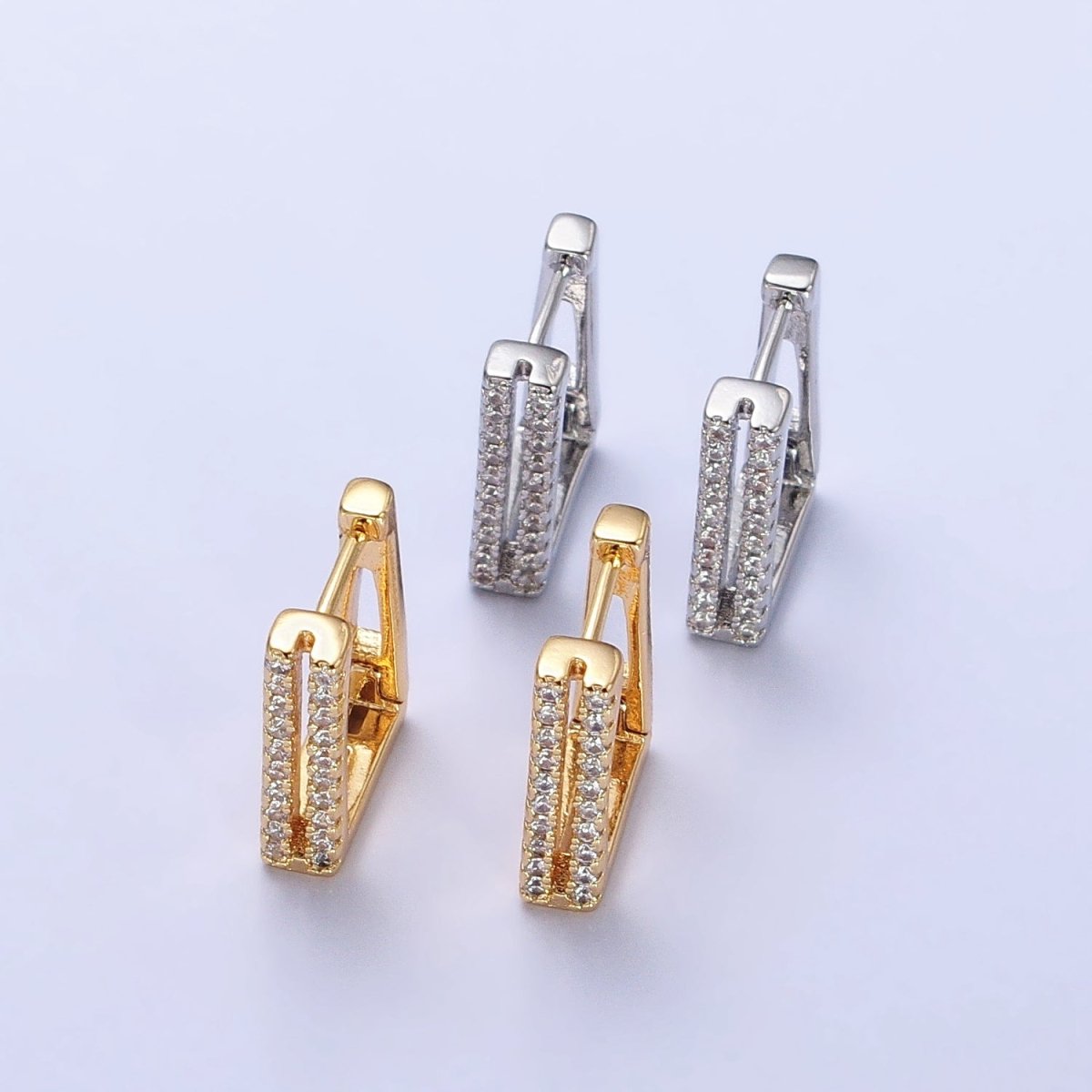 Double Micro Paved CZ Lined Rectangular Square Hoop Earrings in Gold & Silver | AB476 AB486 - DLUXCA