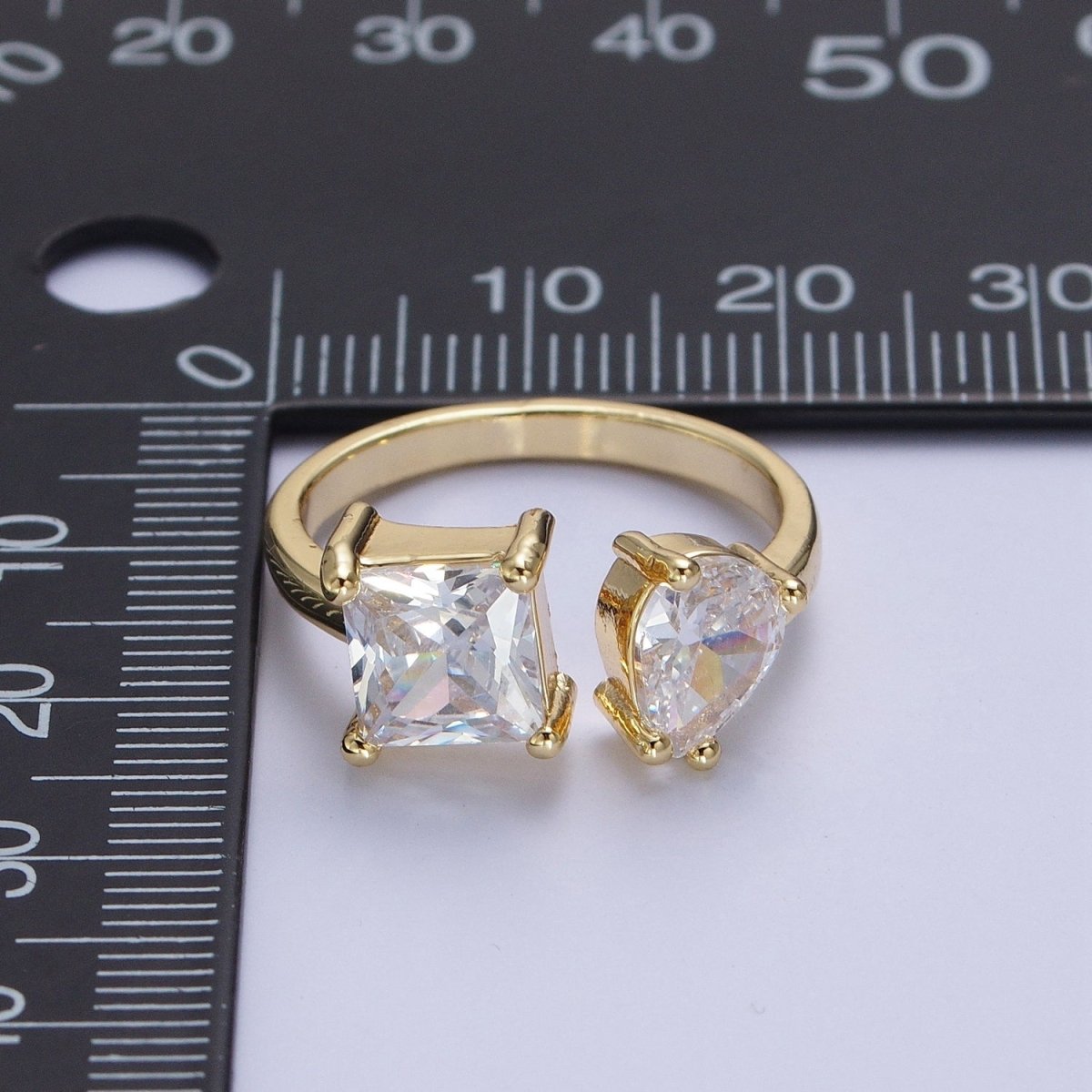 Double Pink/Clear Cubic Zirconia Baguette Square & Teardrop Gold Open Ring | R-042 R-098 - DLUXCA