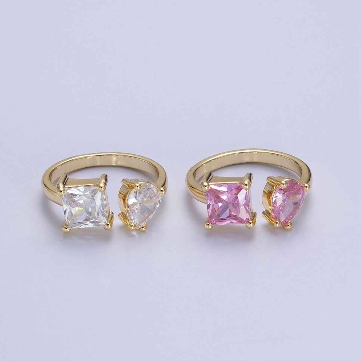 Double Pink/Clear Cubic Zirconia Baguette Square & Teardrop Gold Open Ring | R-042 R-098 - DLUXCA