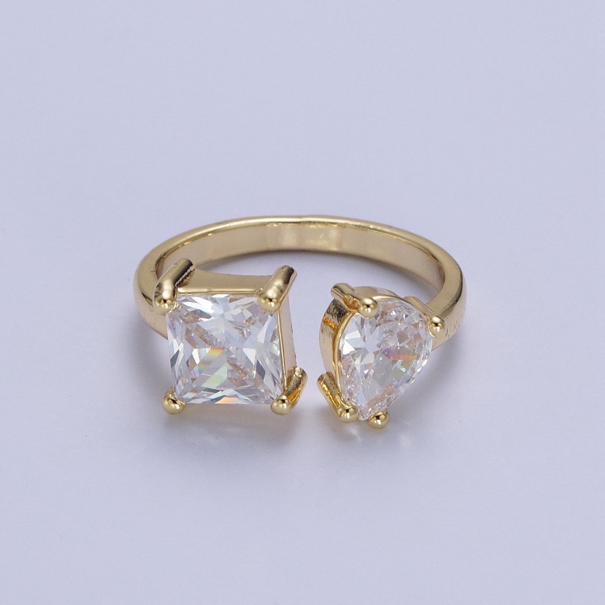 Double Pink/Clear Cubic Zirconia Baguette Square & Teardrop Gold Open Ring | R-042 R-098 - DLUXCA