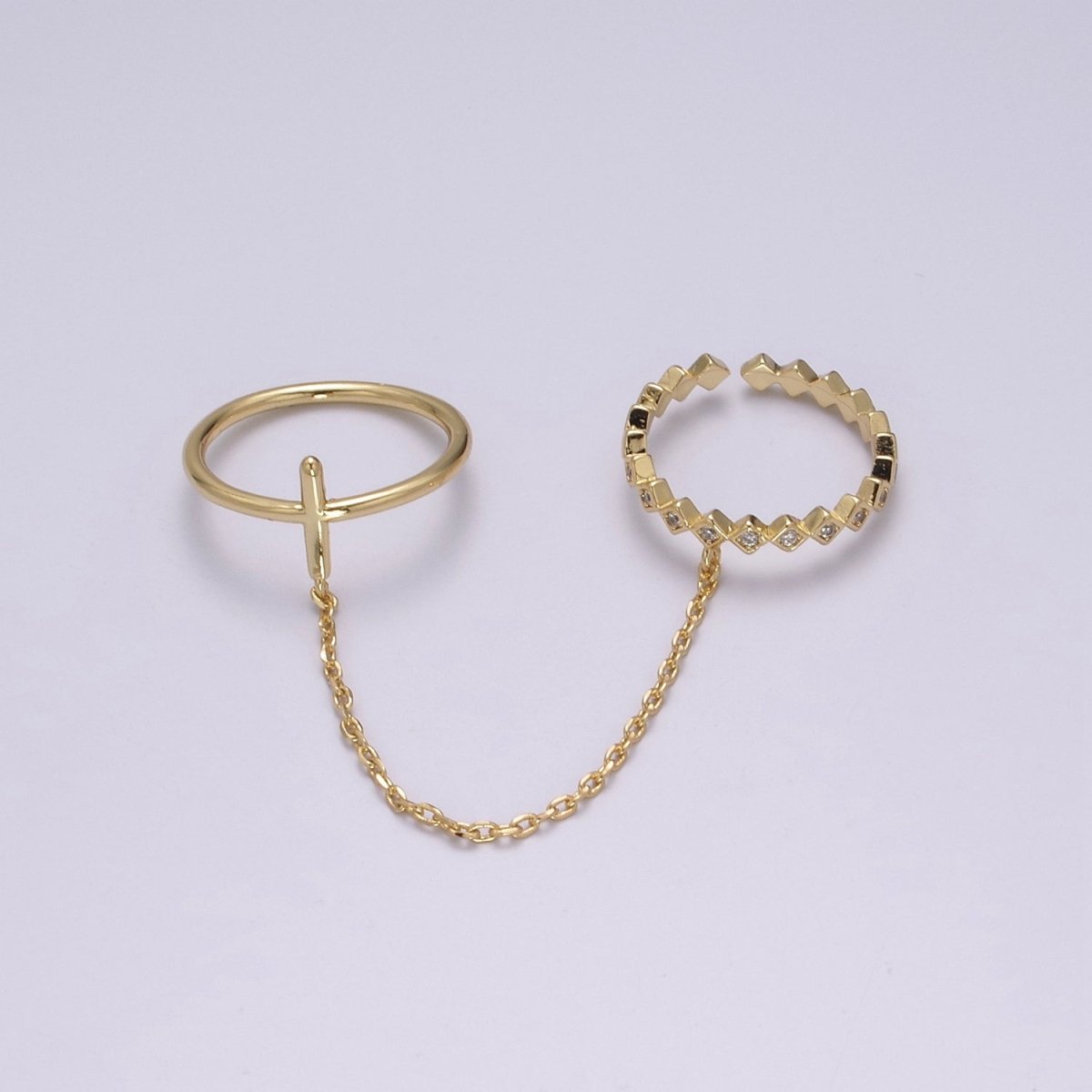 Double ring with chain, Adjustable ring, Stacking ring, Gold chain ring, Fashion ring, Minimalist Jewelry U-191 - DLUXCA