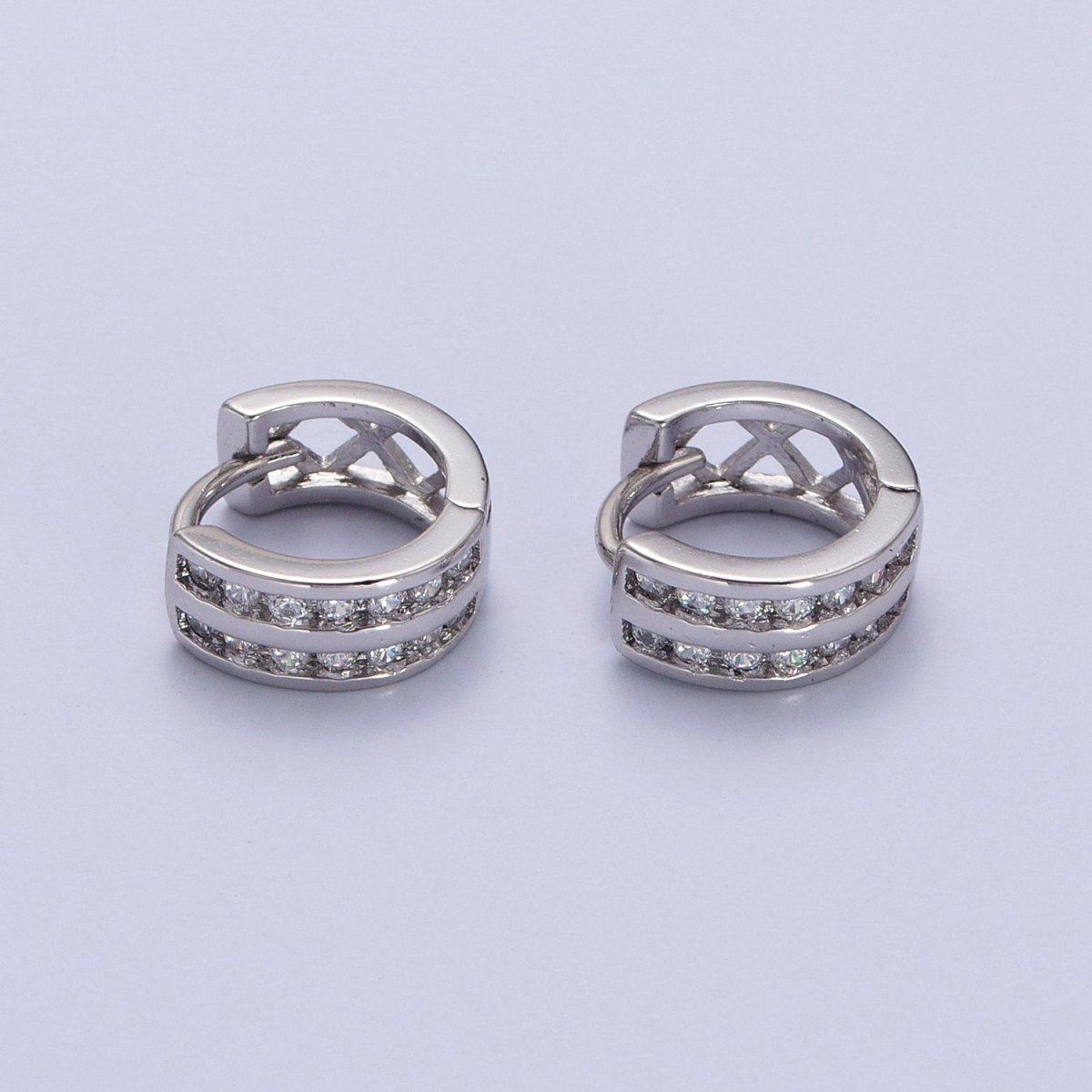 Double Round Clear CZ Bar 10mm Silver Huggie Earrings | AB130 - DLUXCA
