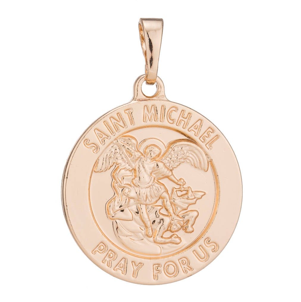 Double Side Saint Michael Pendant Double Sided Coin St Michael Pray for us Pendant - Rose Gold Pendant - Religious Medallion Charms H-592 - DLUXCA