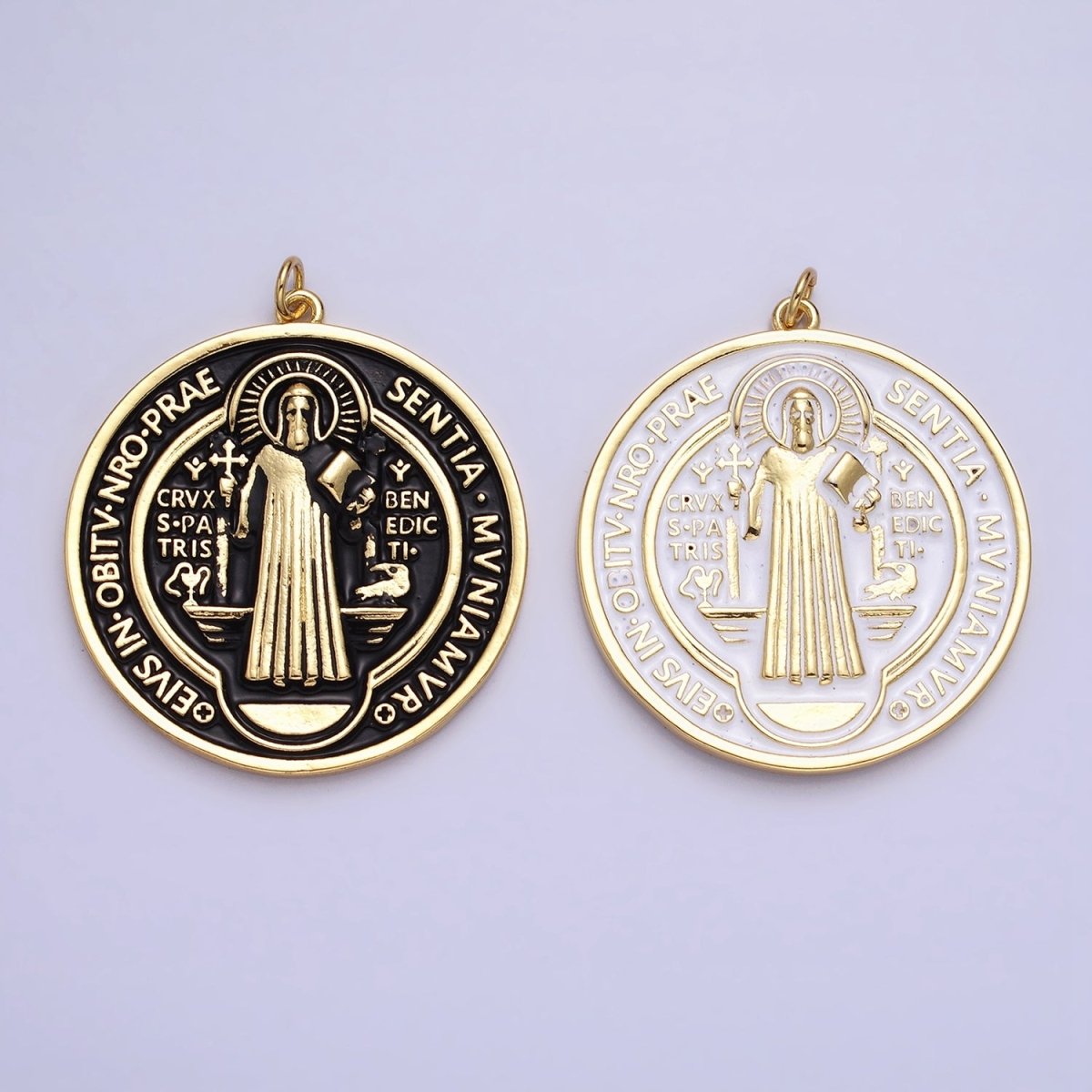 Double Sided 24K Gold Filled Saint Benedict Charm Enamel Black White Religious Pendant | AC464 AC465 - DLUXCA