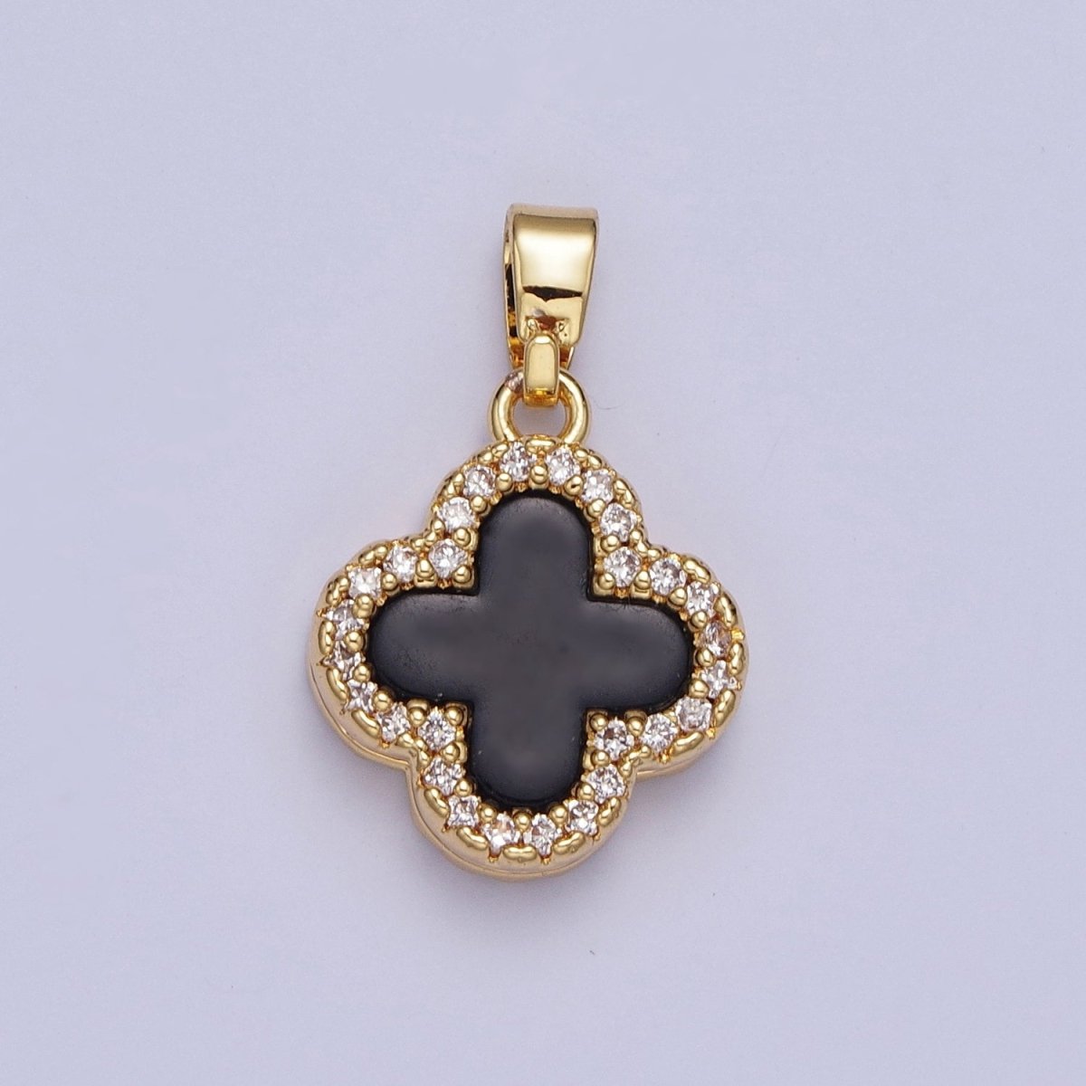 Double Sided Black and White Quatrefoil Lucky Four Clover Pendant with Micro pave Cubic Zirconia Pendant For DIY Necklace Making | X-521 - DLUXCA