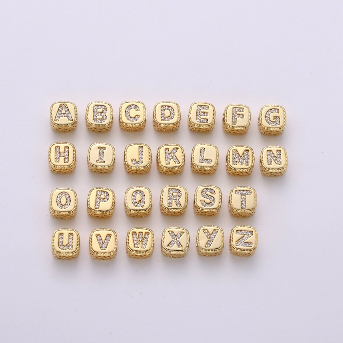 Double Sided Gold Initial Letter Beads, 9x9mm Alphabet Beads, Alphabet Blocks Micro Pave Cursive Letter Charm for Bracelet Necklace Supply A-029 to A-041 - DLUXCA