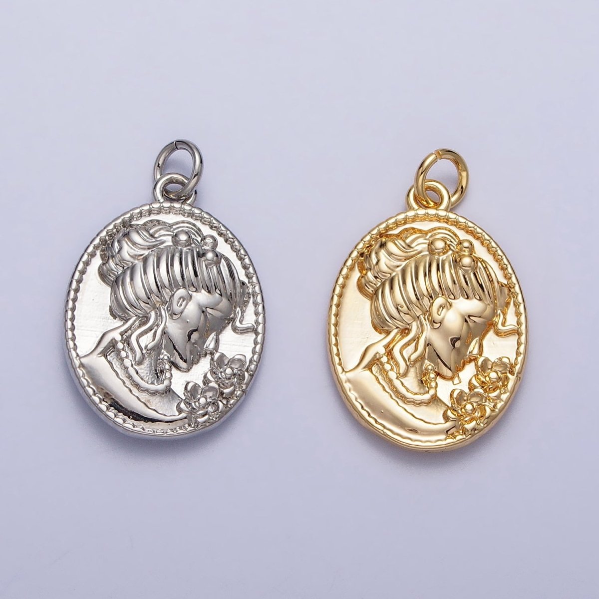 Double Sided Portrait of Victorian Lady Flower Pearl Cameo Oval Charm in Gold & Silver | AC299 AC300 - DLUXCA