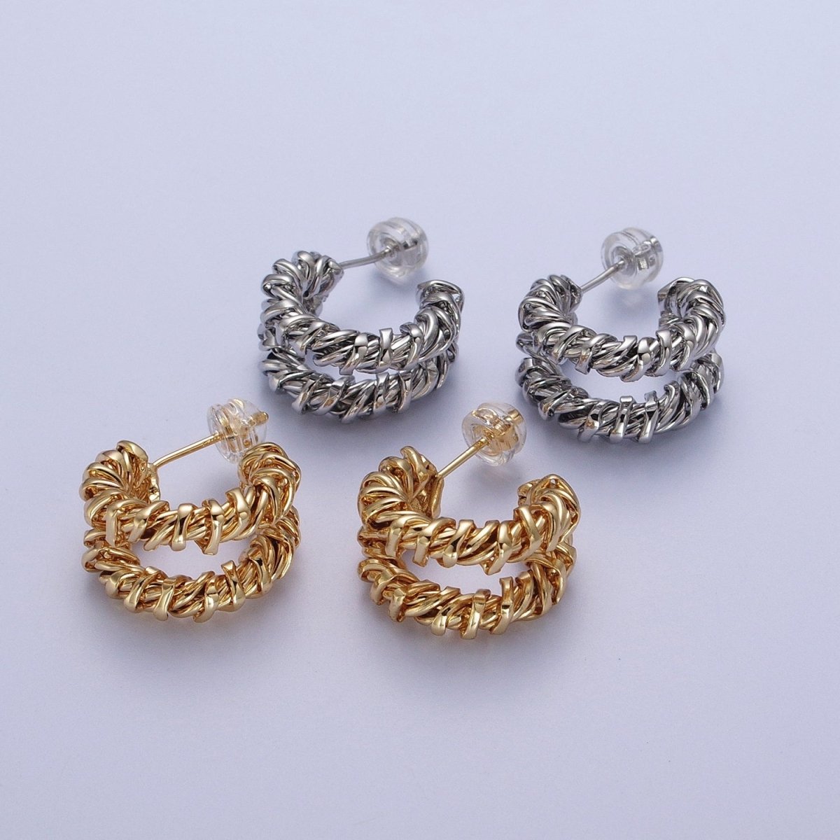 Double Twisted 18mm C Shaped Hoops Stud Earrings in Silver & Gold | Y-110 Y-111 - DLUXCA
