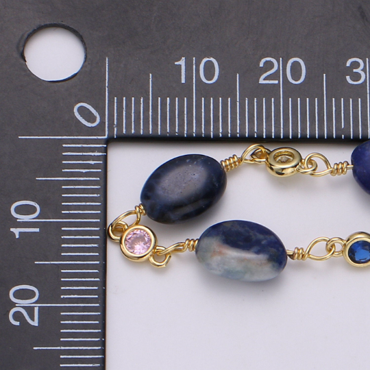 24K Gold Filled Chain by Yard, Blue Sodalite Stone Micro Pave Cubic Round Charm Chain, Semiprecious Stone Royal Blue Beads, Chain-334 - DLUXCA