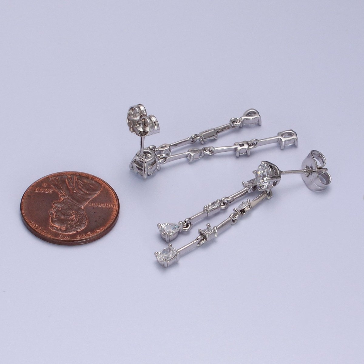 Drop Earring Long Silver Baguette Stone with CZ Geometric Earring Stud Jewelry AB1029 - DLUXCA