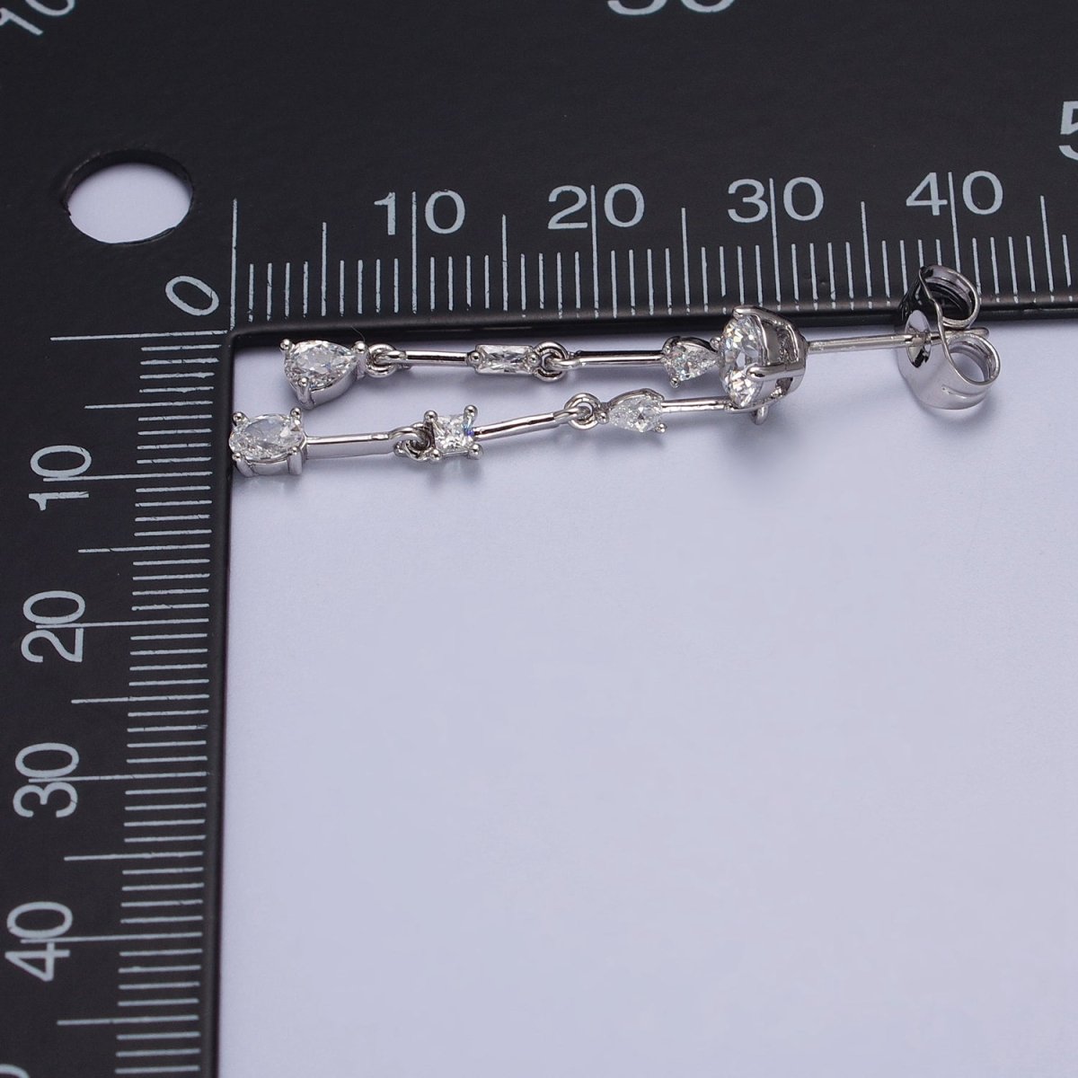 Drop Earring Long Silver Baguette Stone with CZ Geometric Earring Stud Jewelry AB1029 - DLUXCA