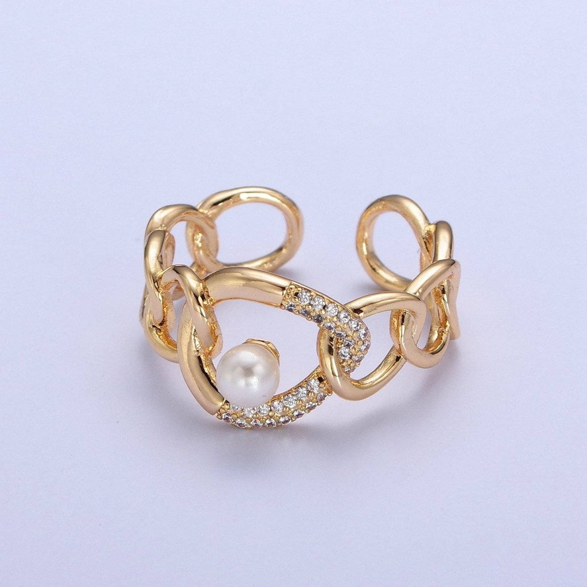 Elegant Dainty Pearl Gold Bold Chain Micro pave Cubic Zirconia Stone Adjustable Promise Ring - X611 - DLUXCA