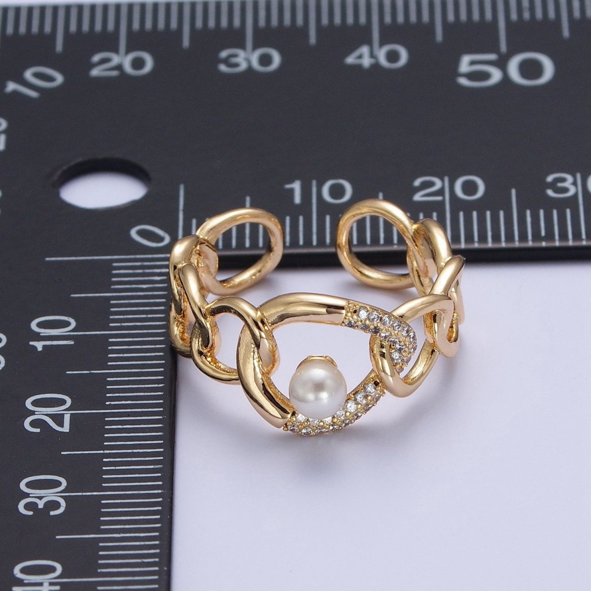 Elegant Dainty Pearl Gold Bold Chain Micro pave Cubic Zirconia Stone Adjustable Promise Ring - X611 - DLUXCA