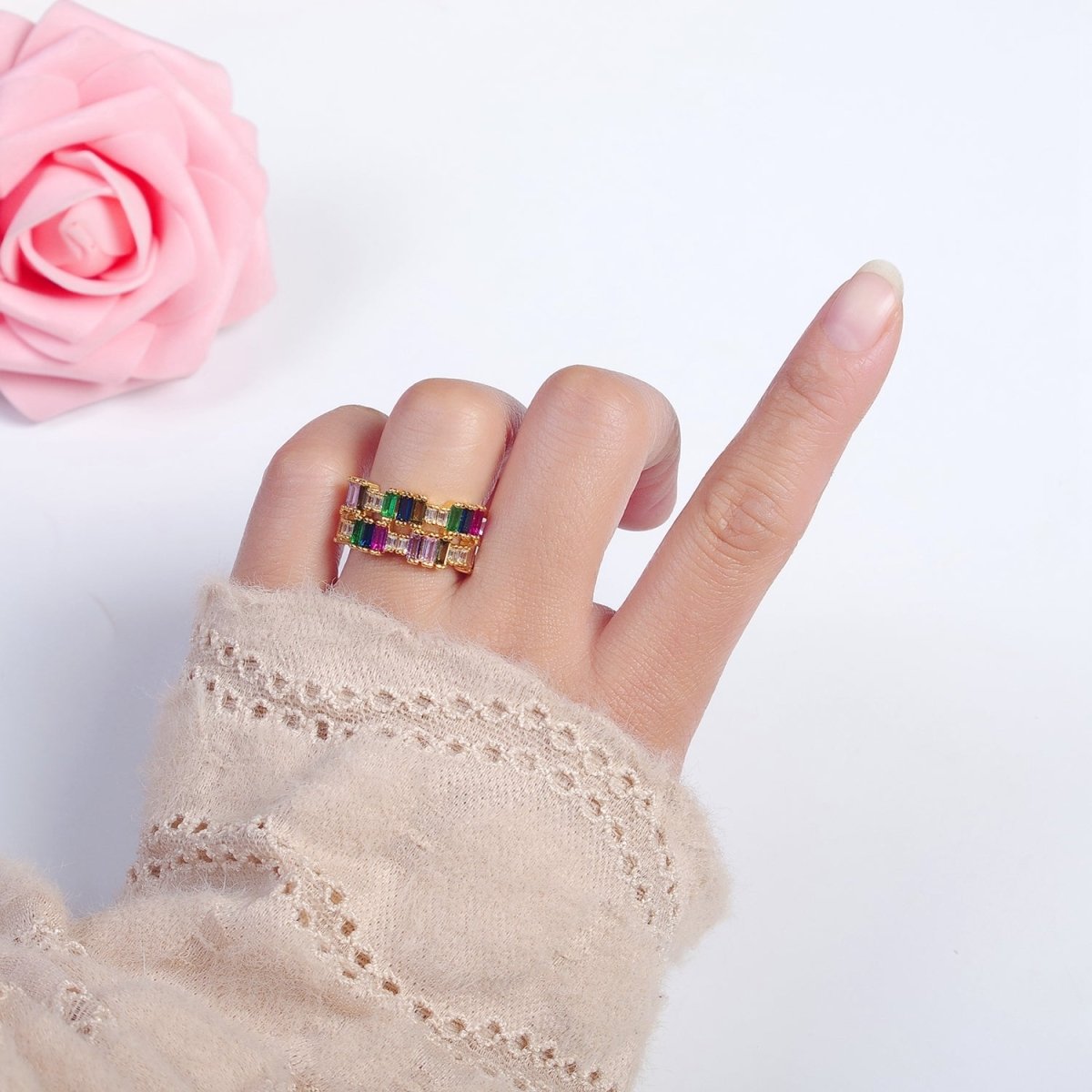 Elegant Double CZ Baguette Colorful Stone Gold Ring | Double Gold Band Ring Open Adjustable O-2130 - DLUXCA