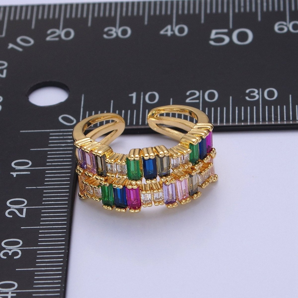 Elegant Double CZ Baguette Colorful Stone Gold Ring | Double Gold Band Ring Open Adjustable O-2130 - DLUXCA