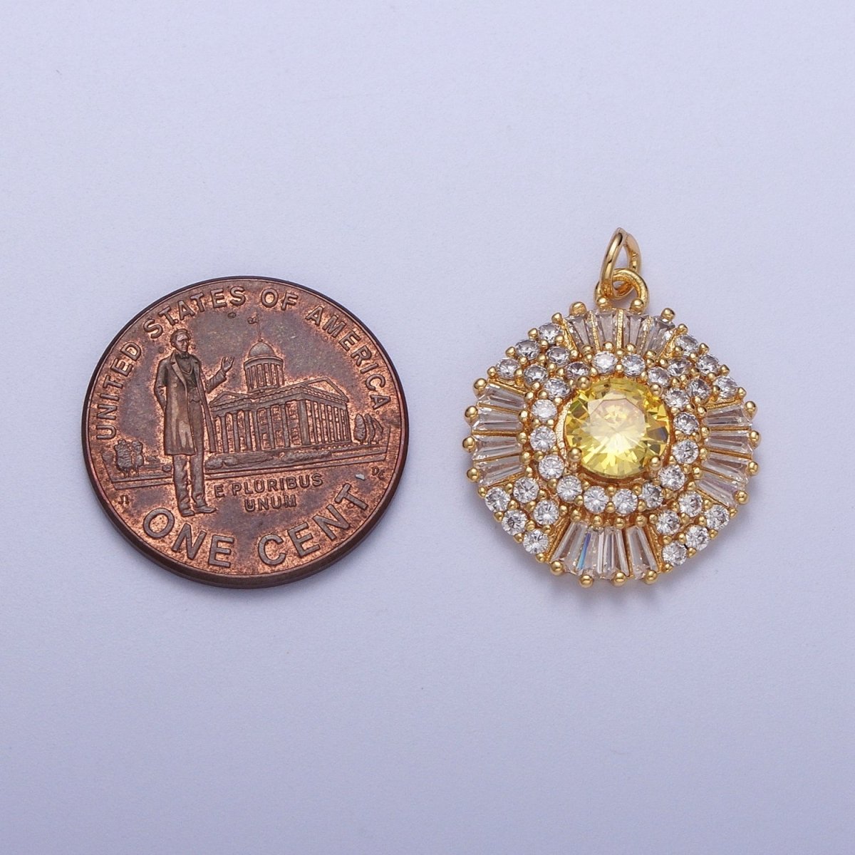 Elegant Sunburst Charm Gold CZ Crystals Circle Pendant, 24K Gold Filled Yellow White Diamond Baguette Clear CZ Sun Round Charm | A-155 to A-156 - DLUXCA