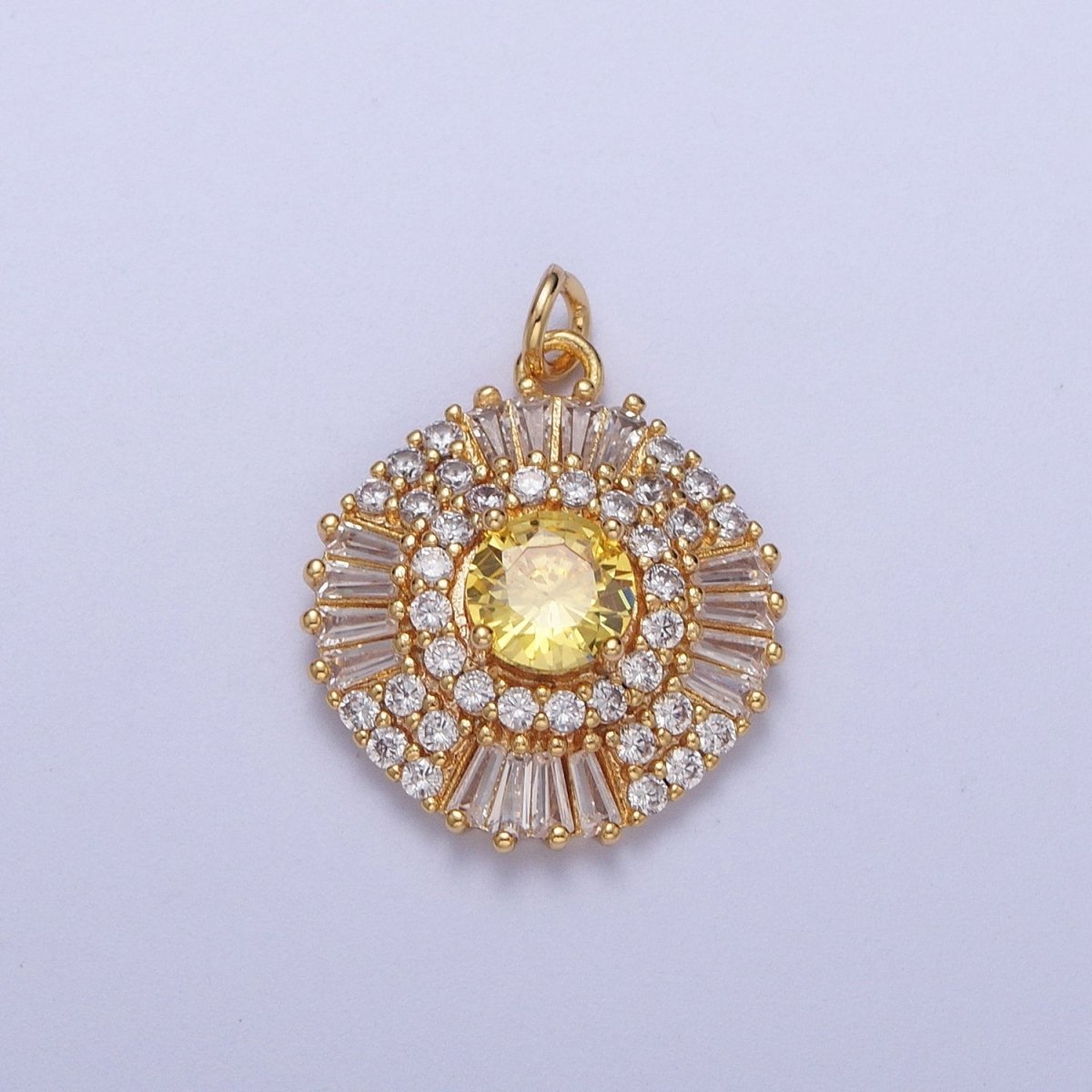 Elegant Sunburst Charm Gold CZ Crystals Circle Pendant, 24K Gold Filled Yellow White Diamond Baguette Clear CZ Sun Round Charm | A-155 to A-156 - DLUXCA