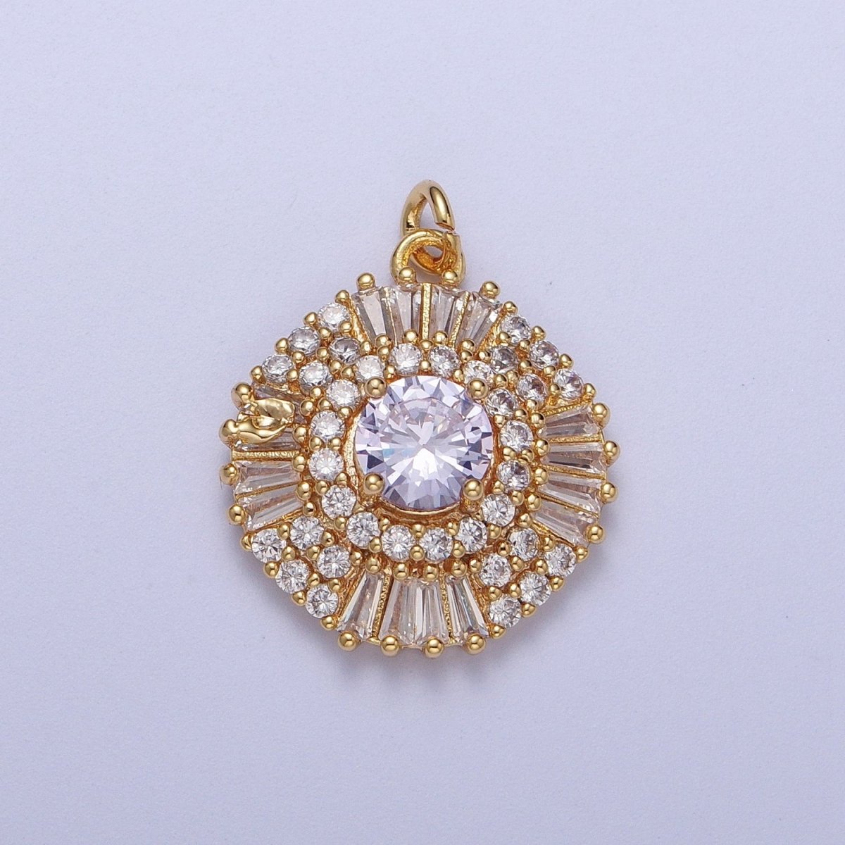 Elegant Sunburst Charm Gold CZ Crystals Circle Pendant, 24K Gold Filled Yellow White Diamond Baguette Clear CZ Sun Round Charm | A-155 to A-156 - DLUXCA