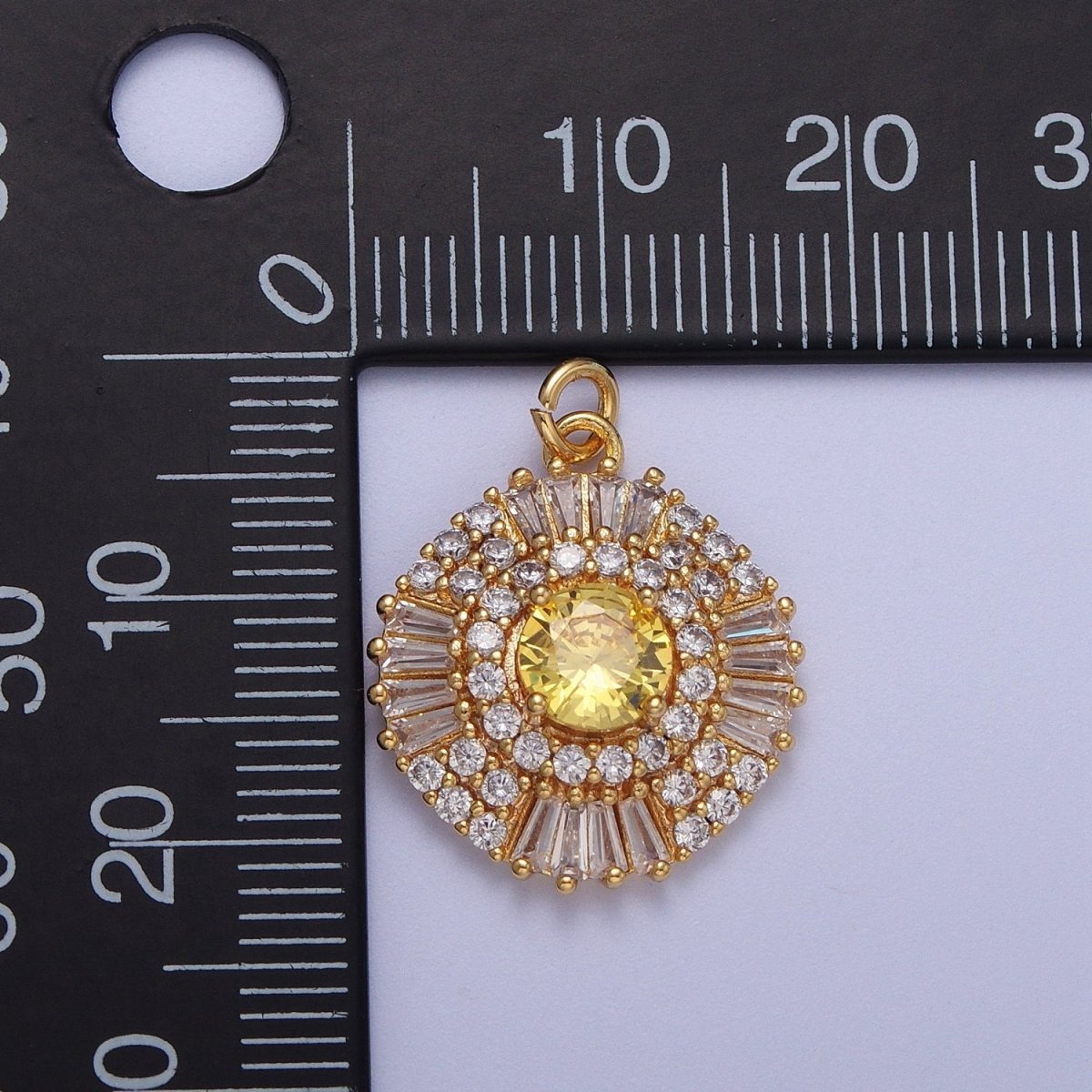 Elegant Sunburst Charm Gold CZ Crystals Circle Pendant, 24K Gold Filled Yellow White Diamond Baguette Clear CZ Sun Round Charm | A-155 to A-156 - DLUXCA