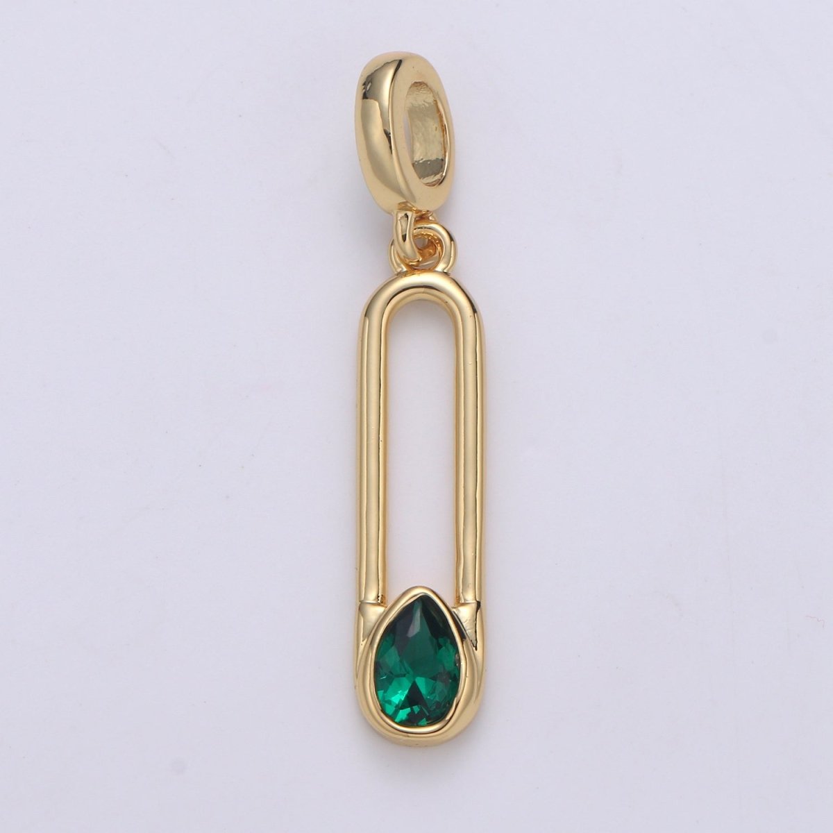 Emerald 24K Gold Filled Safety Pin Pendant, Teardrop Emerald Charm for Bracelet Earring Necklace H-237 - DLUXCA