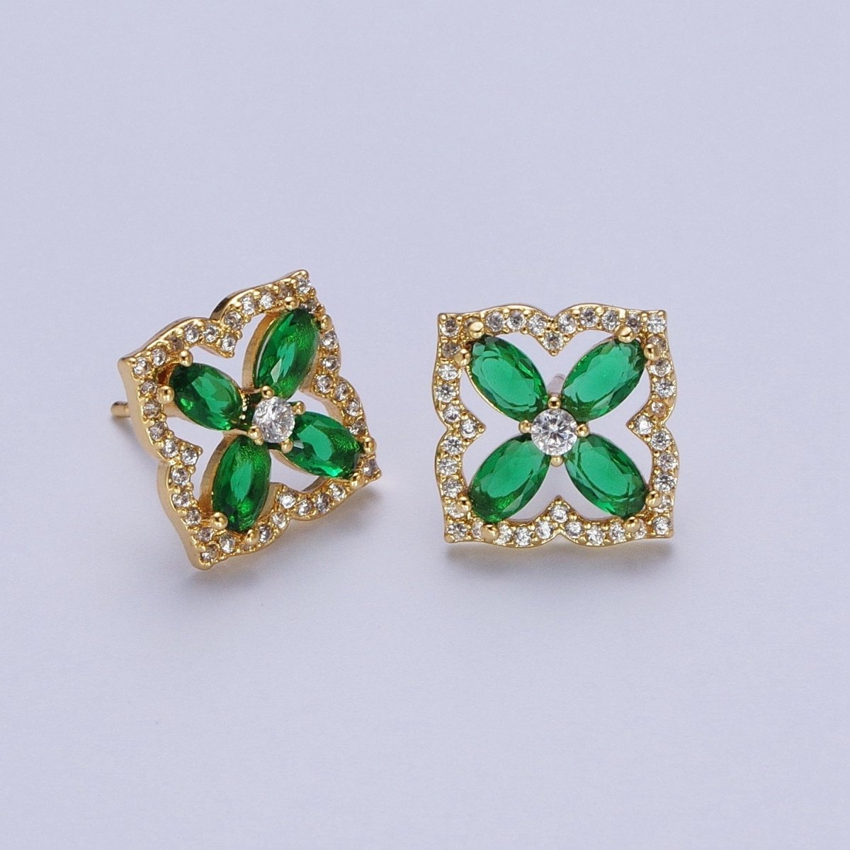 Emerald Cz Clover Stud Earring Four Leaves Gold Lucky Jewelry Micro Pave Earring P-286 - DLUXCA