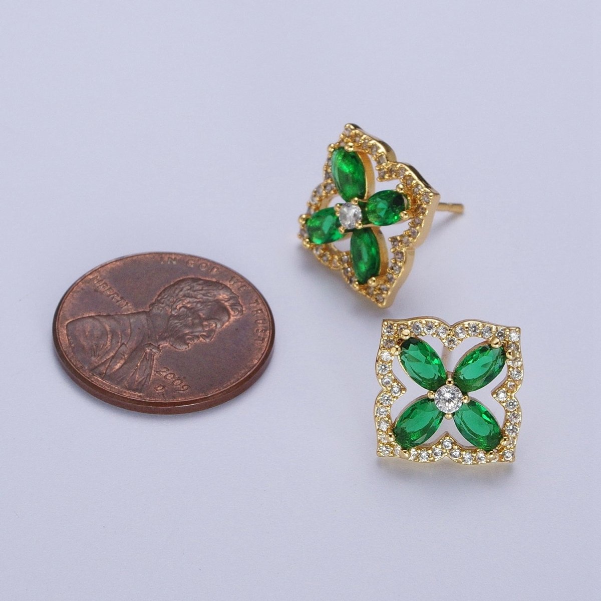 Emerald Cz Clover Stud Earring Four Leaves Gold Lucky Jewelry Micro Pave Earring P-286 - DLUXCA